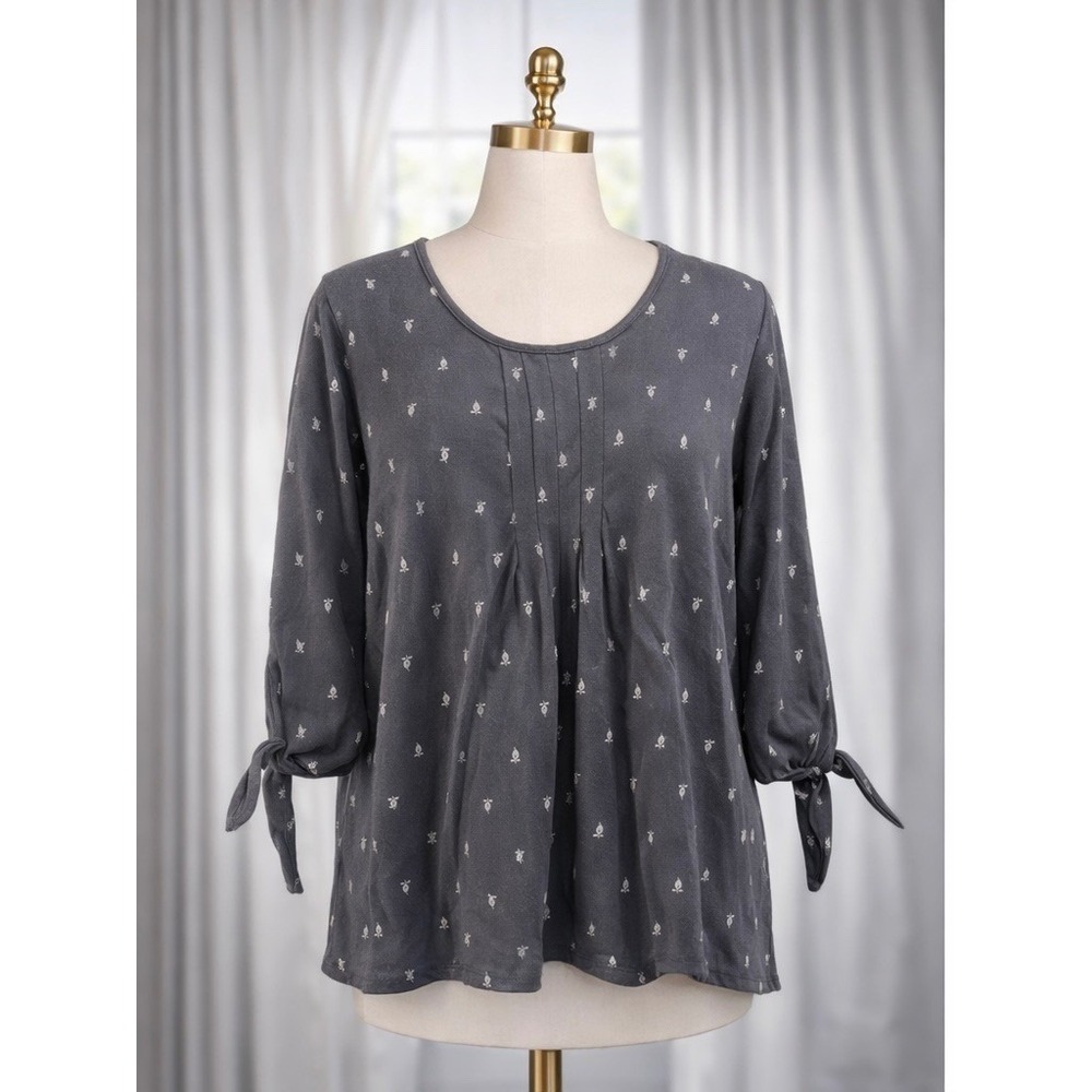 Garnet Hill Luxe Knit Tee Top Women XS Gray Print‎ Pintuck Tie Sleeve